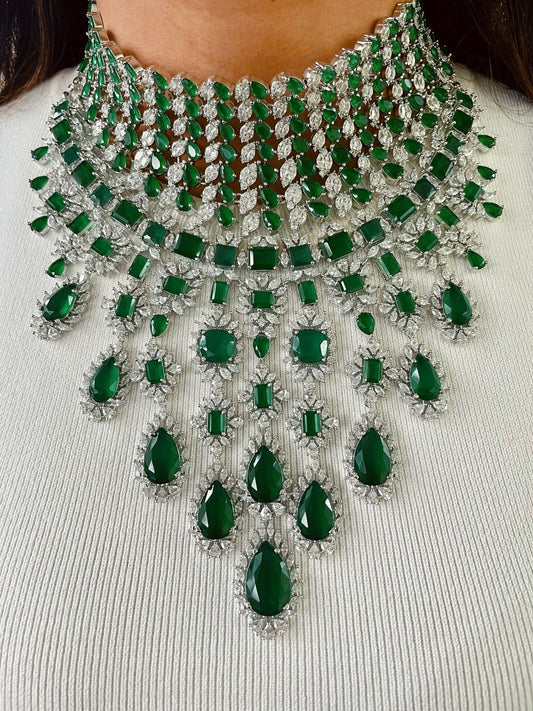 Elegant Emerald Drop Necklace Set with Heart Shaped Diamond Accents