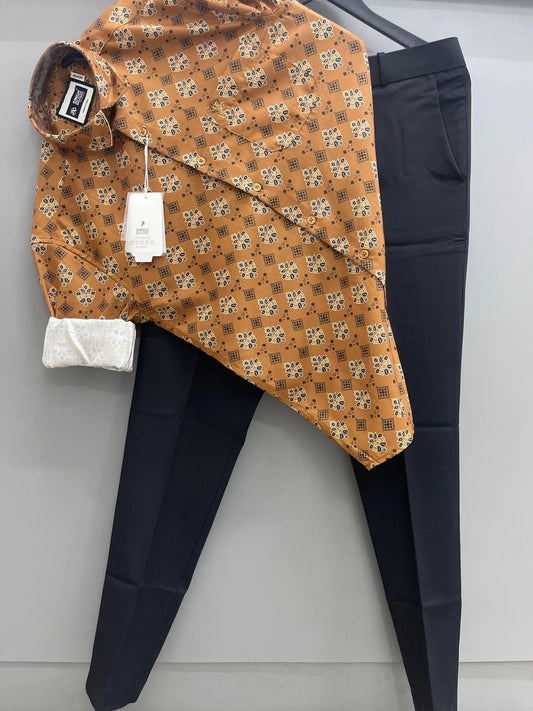 Premium Men’s Brown Flower Printed Shirt and Black Formal Pant Combo for Office and Parties