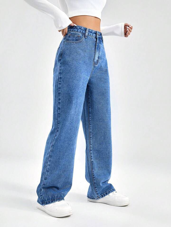 Casual Women’s Loose Fit High Waist Blue Denim Flared Jeans for Work, Home, and Leisure