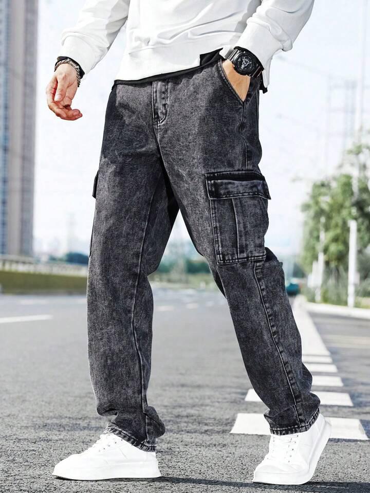 Men’s Charcoal Black Wide Leg Cargo Jeans with 6 Pockets and Mid Rise Fit