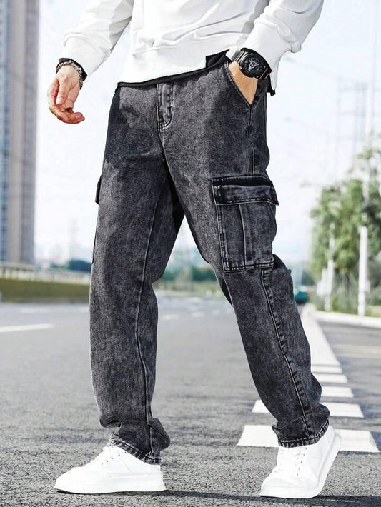 Men’s Charcoal Black Wide Leg Cargo Jeans with 6 Pockets and Mid Rise Fit