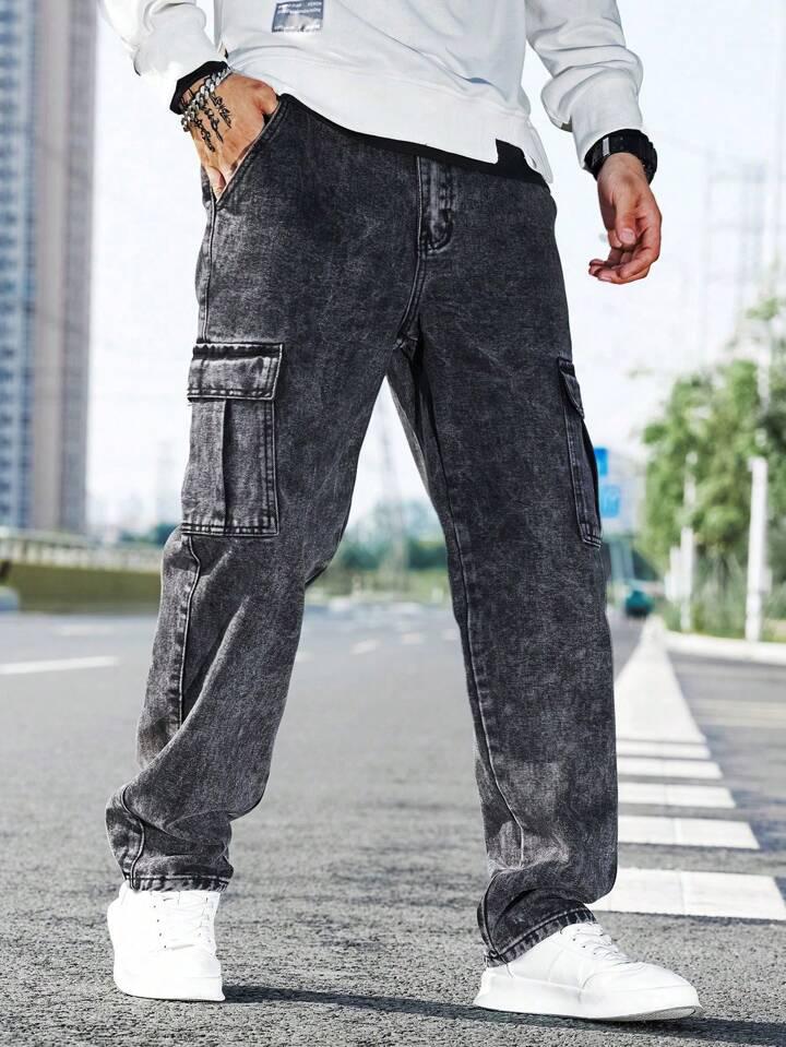 Men’s Charcoal Black Wide Leg Cargo Jeans with 6 Pockets and Mid Rise Fit