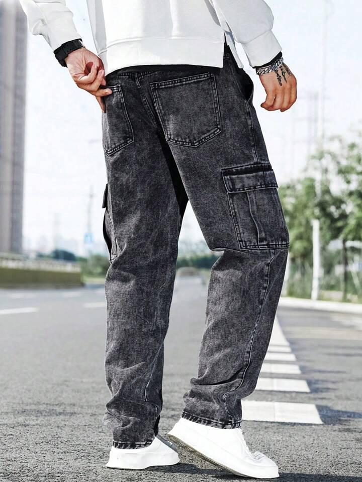 Men’s Charcoal Black Wide Leg Cargo Jeans with 6 Pockets and Mid Rise Fit