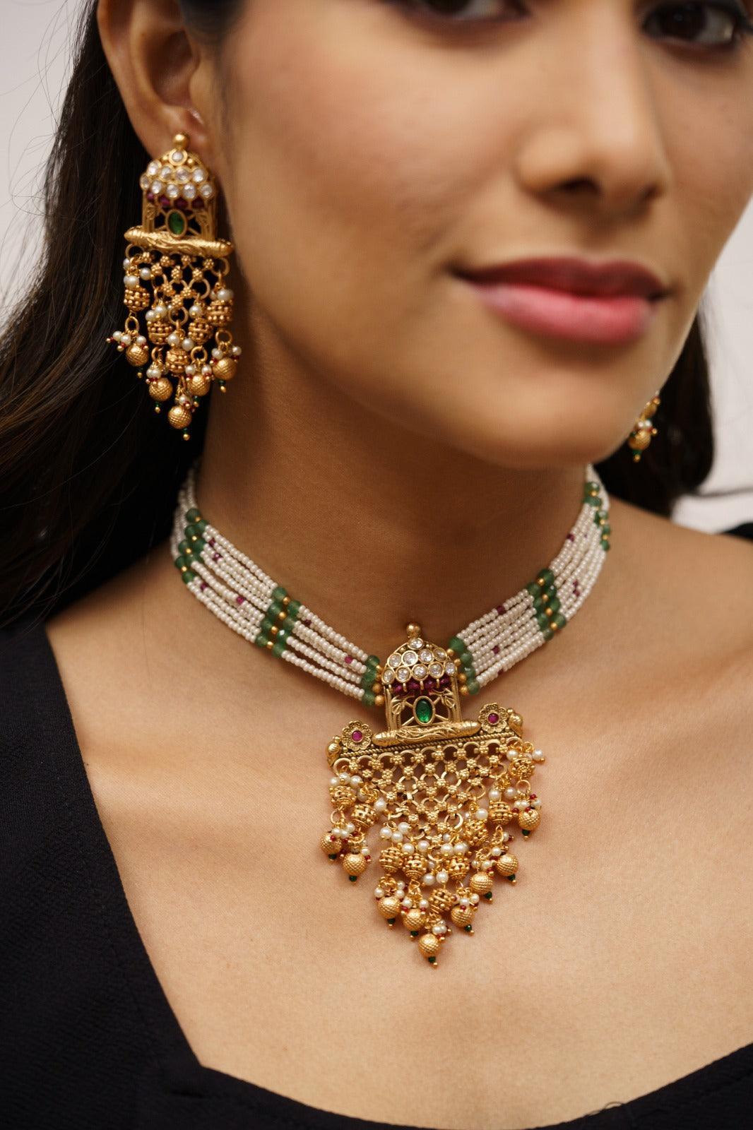Sophisticated Gold Set with Long Indian Earrings Traditional and Modern Jewelry Accessory