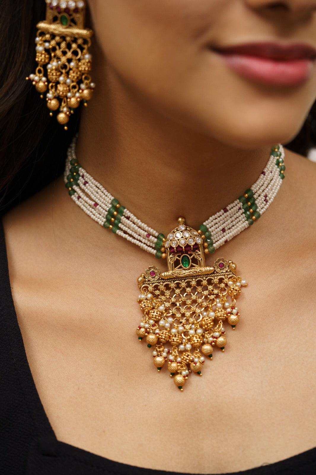 Sophisticated Gold Set with Long Indian Earrings Traditional and Modern Jewelry Accessory