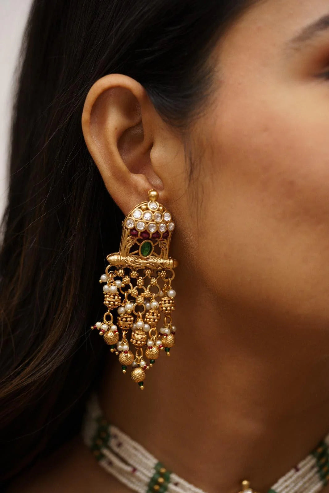 Sophisticated Gold Set with Long Indian Earrings Traditional and Modern Jewelry Accessory