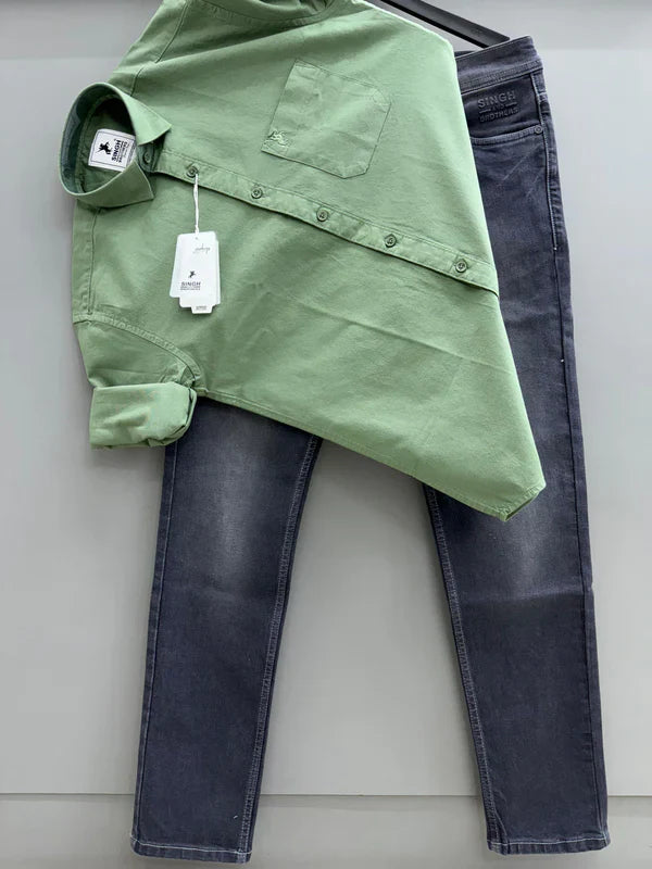 Oxford Shirt with Denim Jeans Two-Piece Outfit for Men