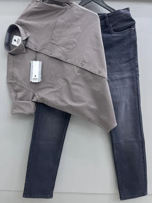 Premium Quality Oxford Cotton Shirt with Matching Denim Jeans Two-Piece Set for Men