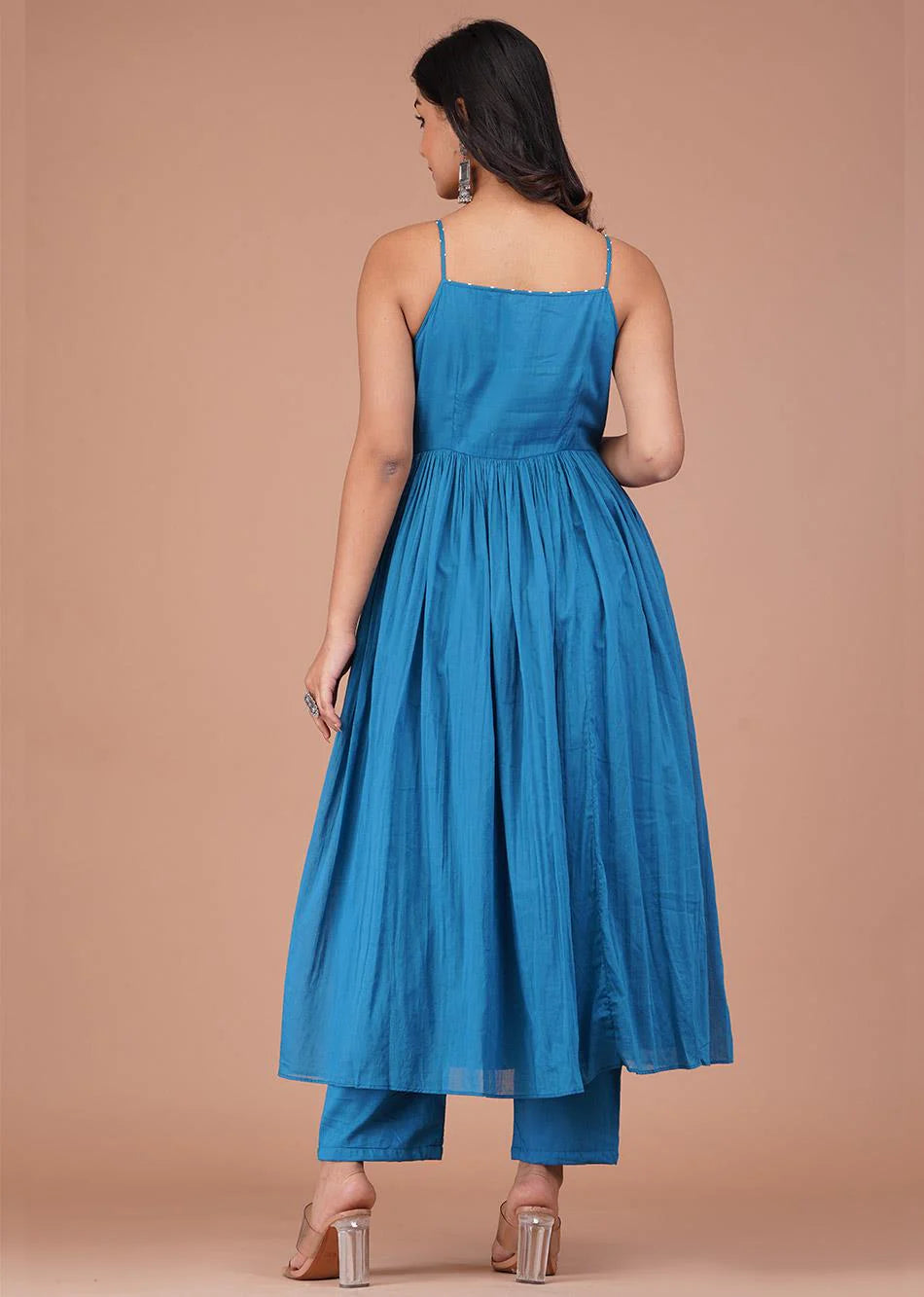 Graceful Teal Blue Ethnic Angrakha Anarkali Suit with Strappy Neckline and Full Flared Skirt for Weddings and Celebrations