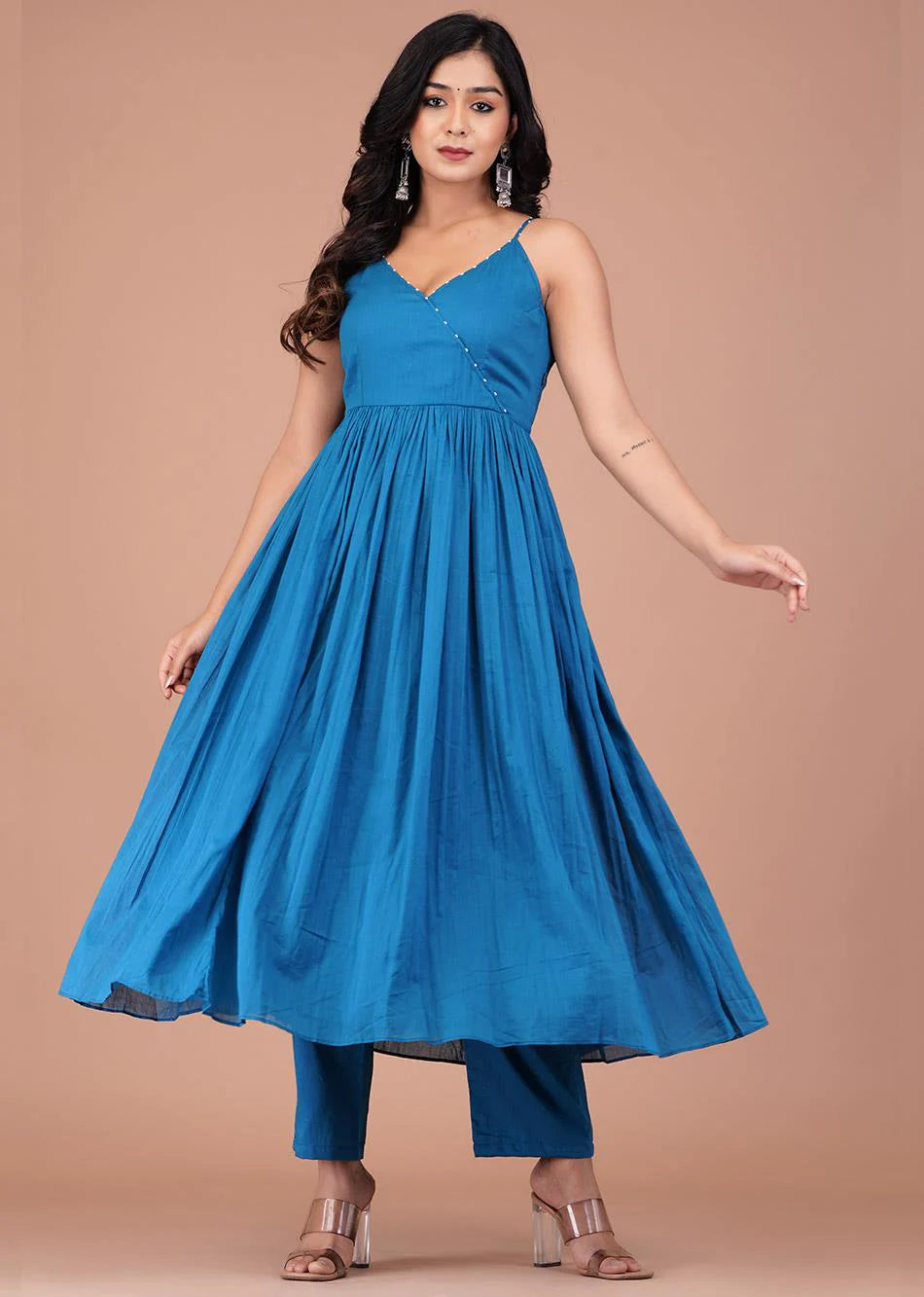 Graceful Teal Blue Ethnic Angrakha Anarkali Suit with Strappy Neckline and Full Flared Skirt for Weddings and Celebrations