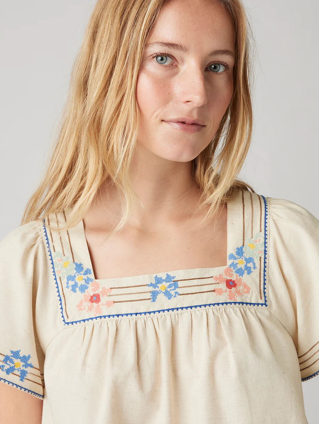 Casual Women’s Cream Square Neck Top with Embroidered Detailing for All-Day Wear