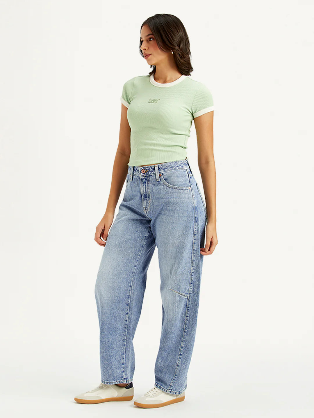 Casual Women’s Light Blue Baggy Dad Jeans with Mid Rise Barrel Fit for Work and Leisure