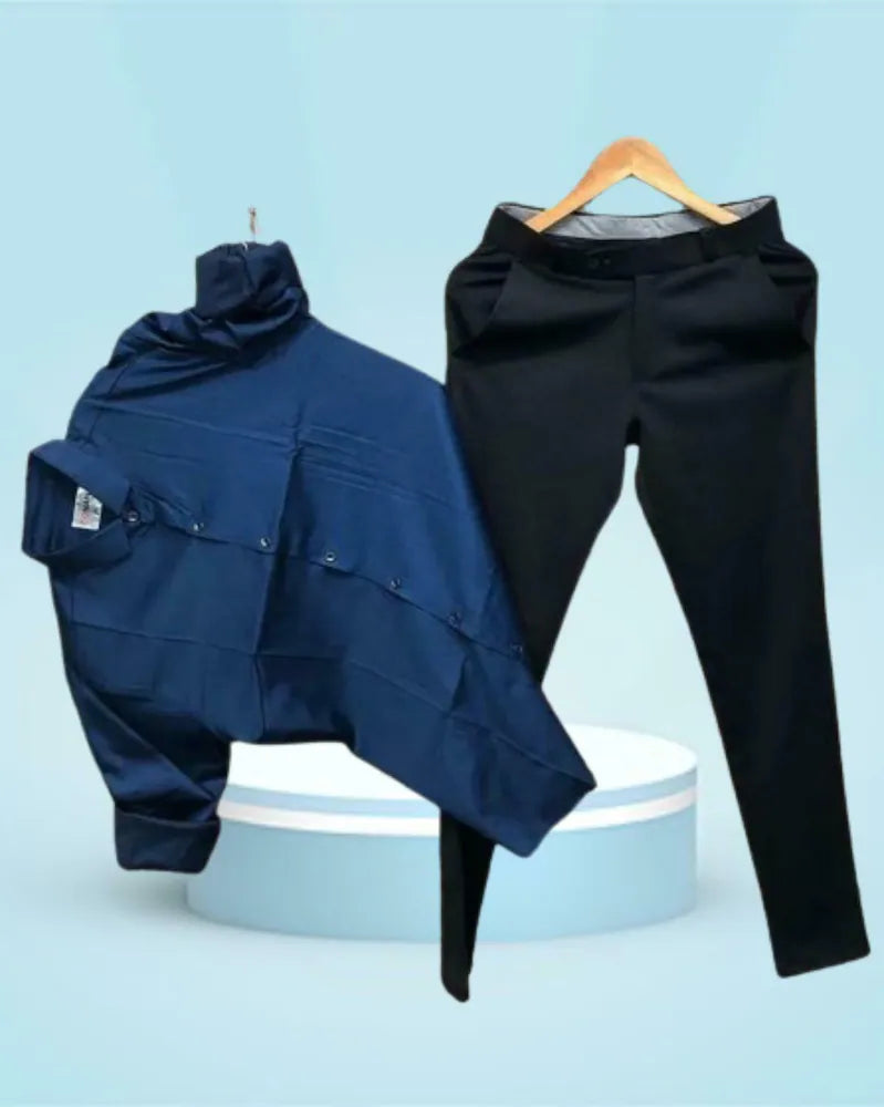 Elegant Blue Casual Shirt with Laser Cut Collar and Matching Black Cotton Pant Ideal Outfit for Men for Office and Events