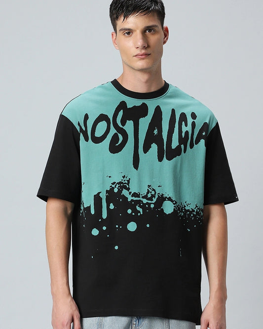 Stylish Oversized Round Neck T-Shirt for Men in Black and Green with Nost Print