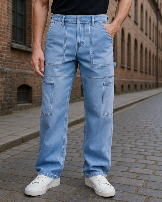 Loose Fit Blue Washed Denim Carpenter Jeans for Men with Cargo Pockets