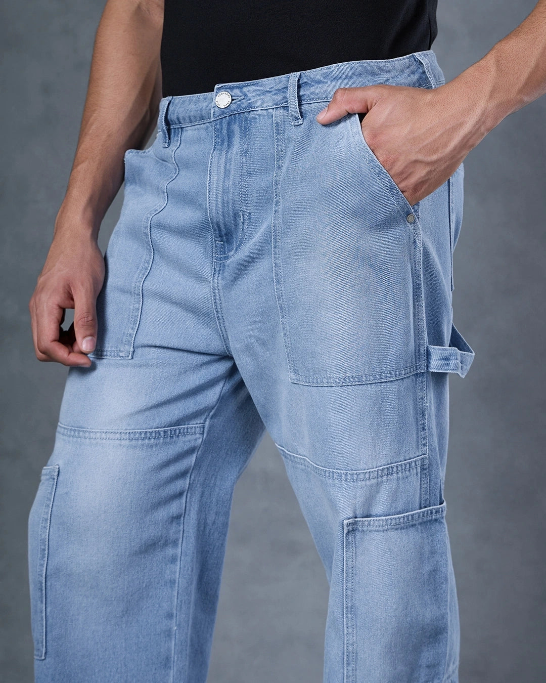 Loose Fit Blue Washed Denim Carpenter Jeans for Men with Cargo Pockets