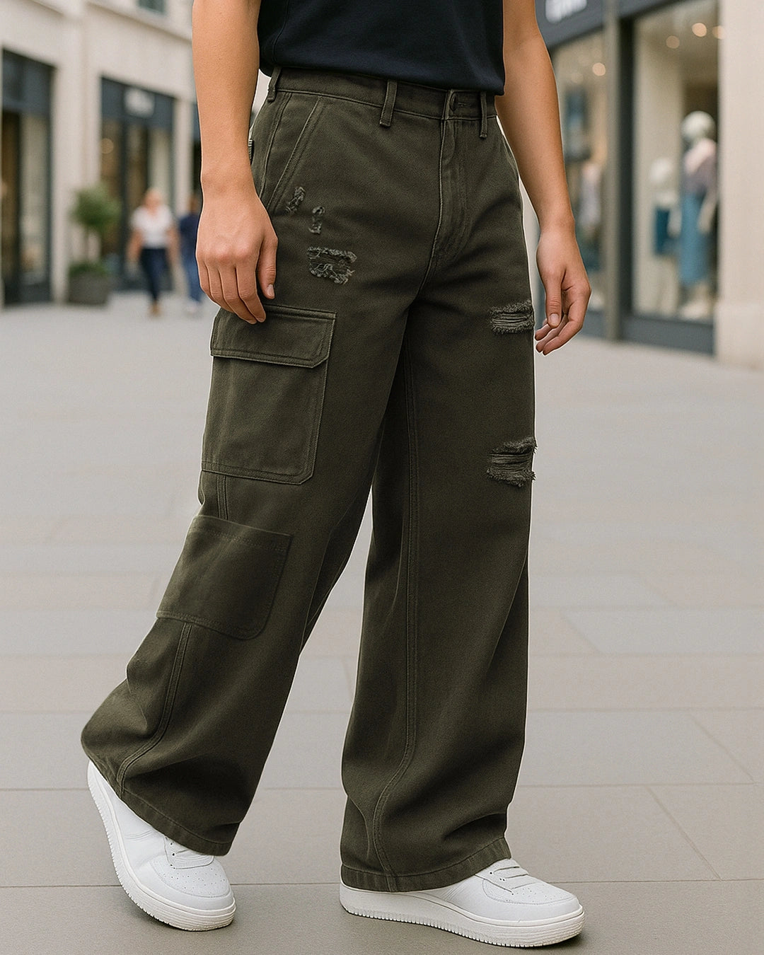 Casual Green Baggy Fit Cargo Jeans for Men in Distressed Denim Style