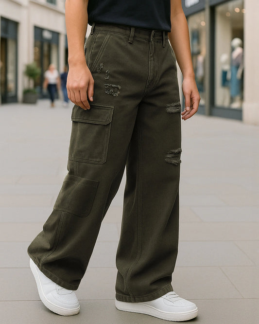 Casual Green Baggy Fit Cargo Jeans for Men in Distressed Denim Style
