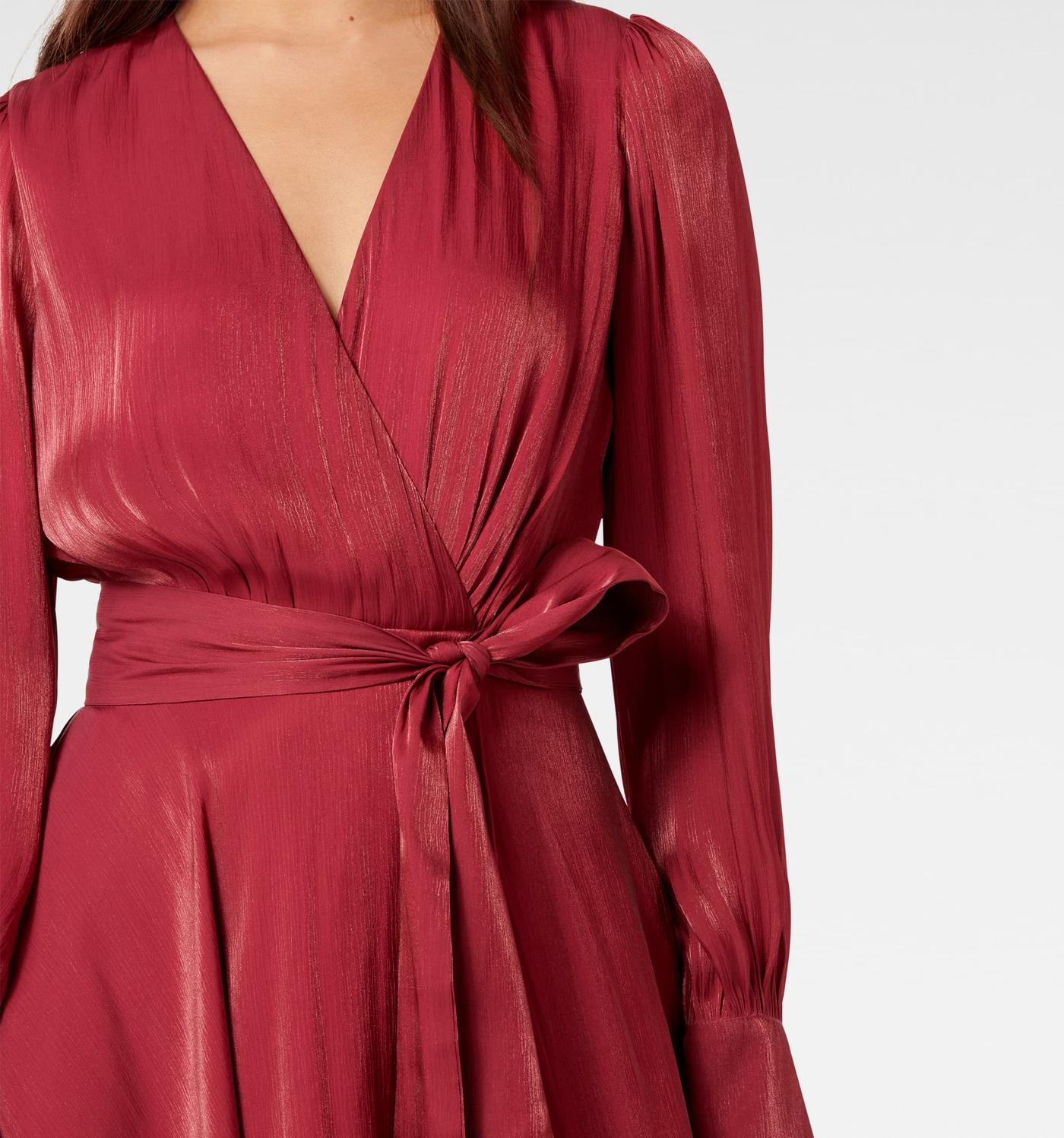 Trendy Metallic Wrap Dress in Midi Length with Shiny Fabric and Elegant Look