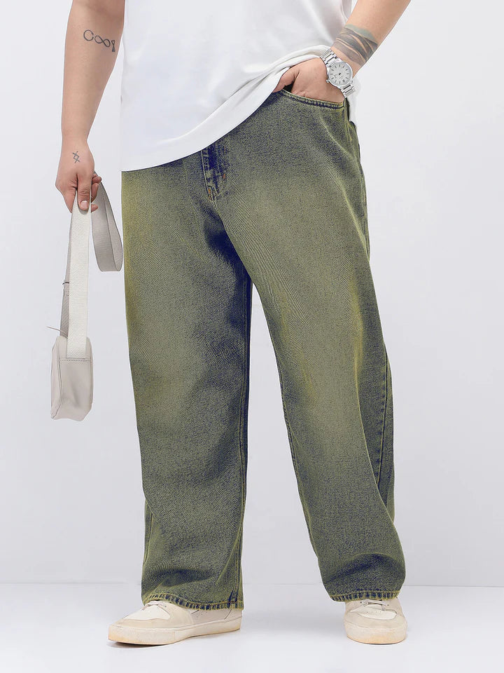 Light Blue Heavy Washed Baggy Fit Jeans for Men Plus Size