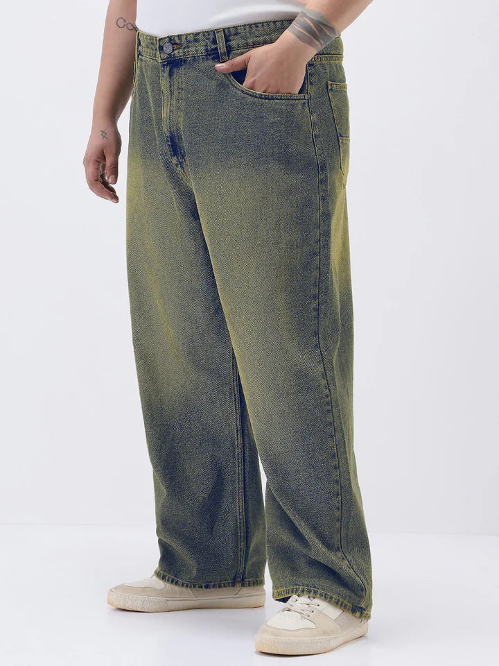 Light Blue Heavy Washed Baggy Fit Jeans for Men Plus Size