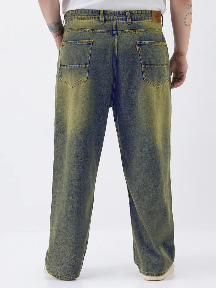 Light Blue Heavy Washed Baggy Fit Jeans for Men Plus Size