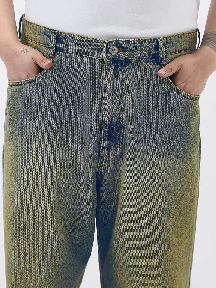 Light Blue Heavy Washed Baggy Fit Jeans for Men Plus Size