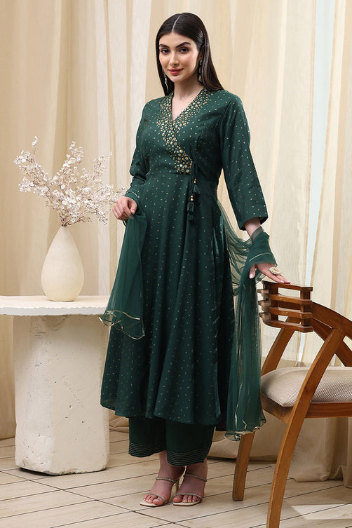 Dark Green Shantoon Anarkali Ensemble with Subtle Prints and Flowing Dupatta