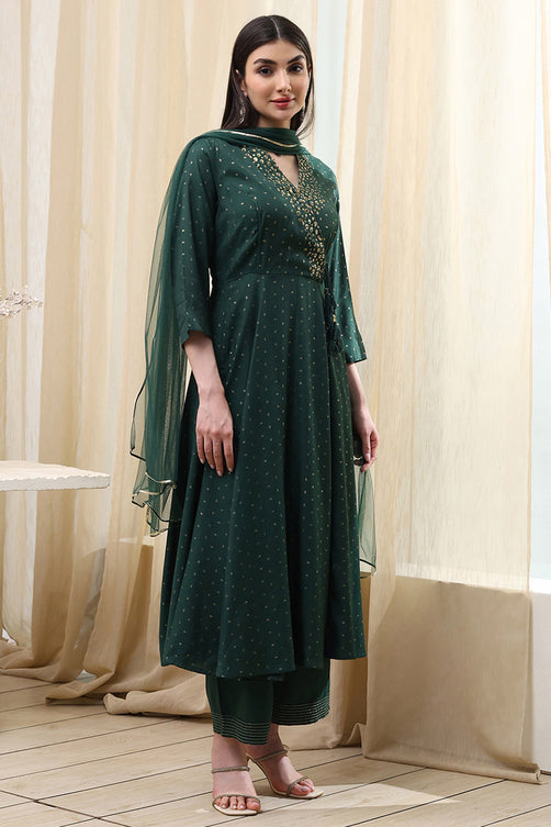 Dark Green Shantoon Anarkali Ensemble with Subtle Prints and Flowing Dupatta