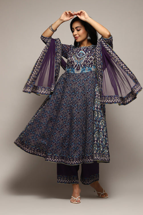 Graceful Indigo Cotton Anarkali Kurta Palazzo Ensemble with Floor-Length Flare and Traditional Charm for Party and Festive Wear