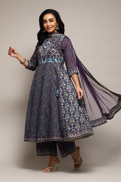 Graceful Indigo Cotton Anarkali Kurta Palazzo Ensemble with Floor-Length Flare and Traditional Charm for Party and Festive Wear