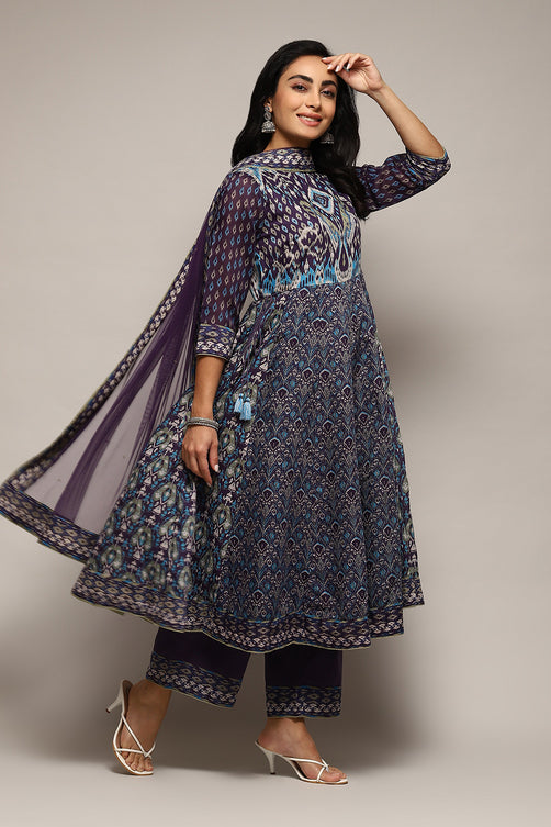Graceful Indigo Cotton Anarkali Kurta Palazzo Ensemble with Floor-Length Flare and Traditional Charm for Party and Festive Wear