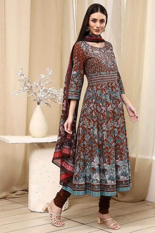 Stylish Brown Fitted Cotton Anarkali Suit with Tailored Fit and Flowing Skirt for Party and Traditional Occasions