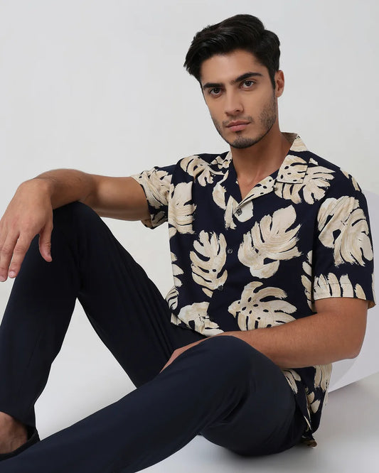 Mint Green Leaf Print Casual Relaxed Fit Shirt Perfect for Summer and Outdoor Events
