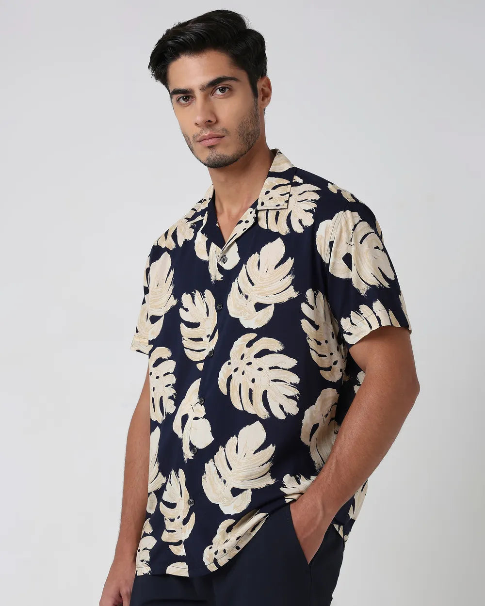 Mint Green Leaf Print Casual Relaxed Fit Shirt Perfect for Summer and Outdoor Events