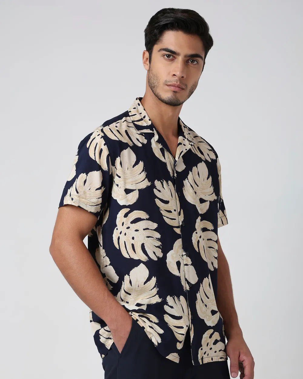 Mint Green Leaf Print Casual Relaxed Fit Shirt Perfect for Summer and Outdoor Events