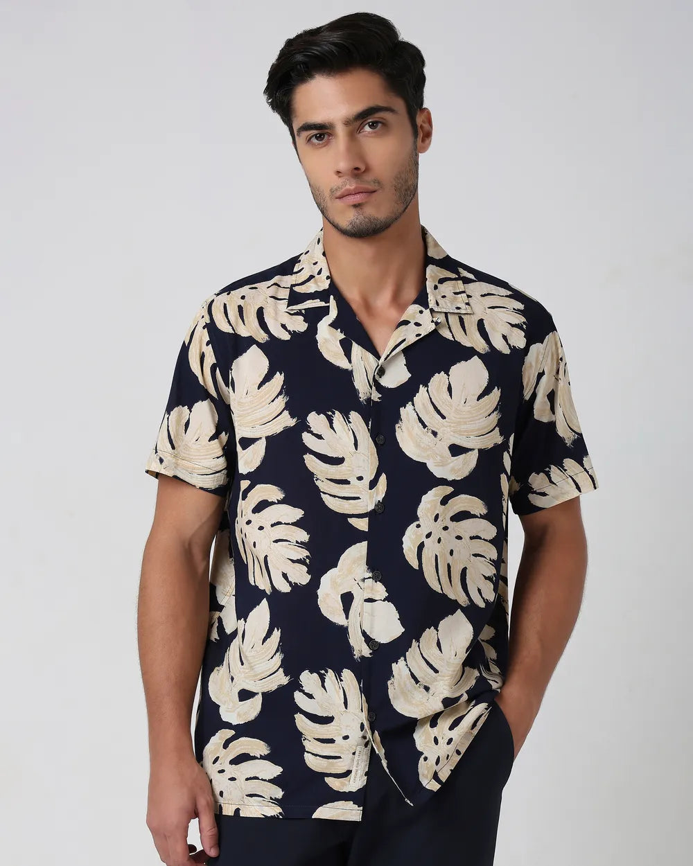Mint Green Leaf Print Casual Relaxed Fit Shirt Perfect for Summer and Outdoor Events