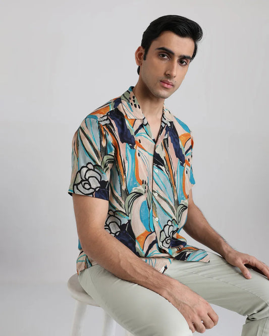 Stylish Men’s Multi Resort Print Relaxed Fit Casual Shirt Breathable Cotton Shirt Ideal for Vacation, Beach, and Travel