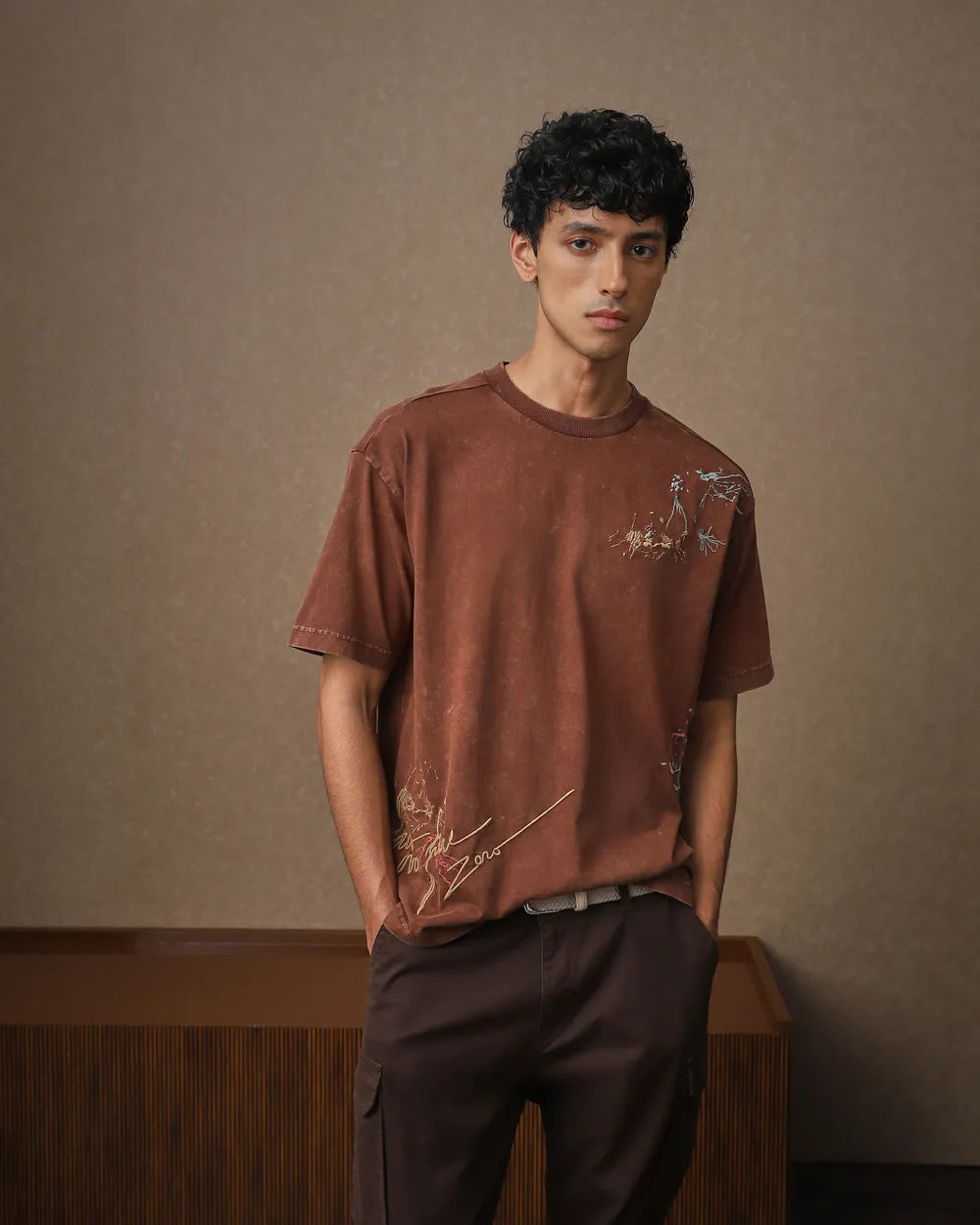 Relaxed Fit Brown Acid Wash T-Shirt for Men Everyday Wear