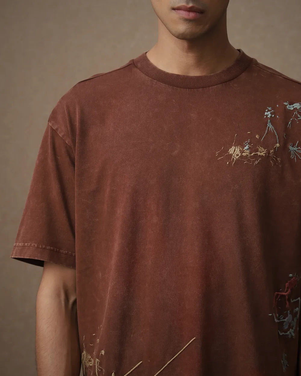 Relaxed Fit Brown Acid Wash T-Shirt for Men Everyday Wear