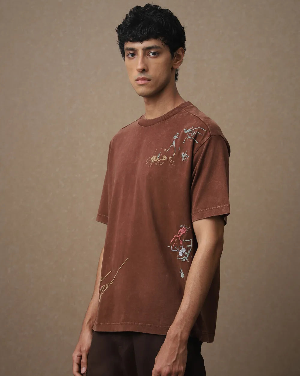 Relaxed Fit Brown Acid Wash T-Shirt for Men Everyday Wear