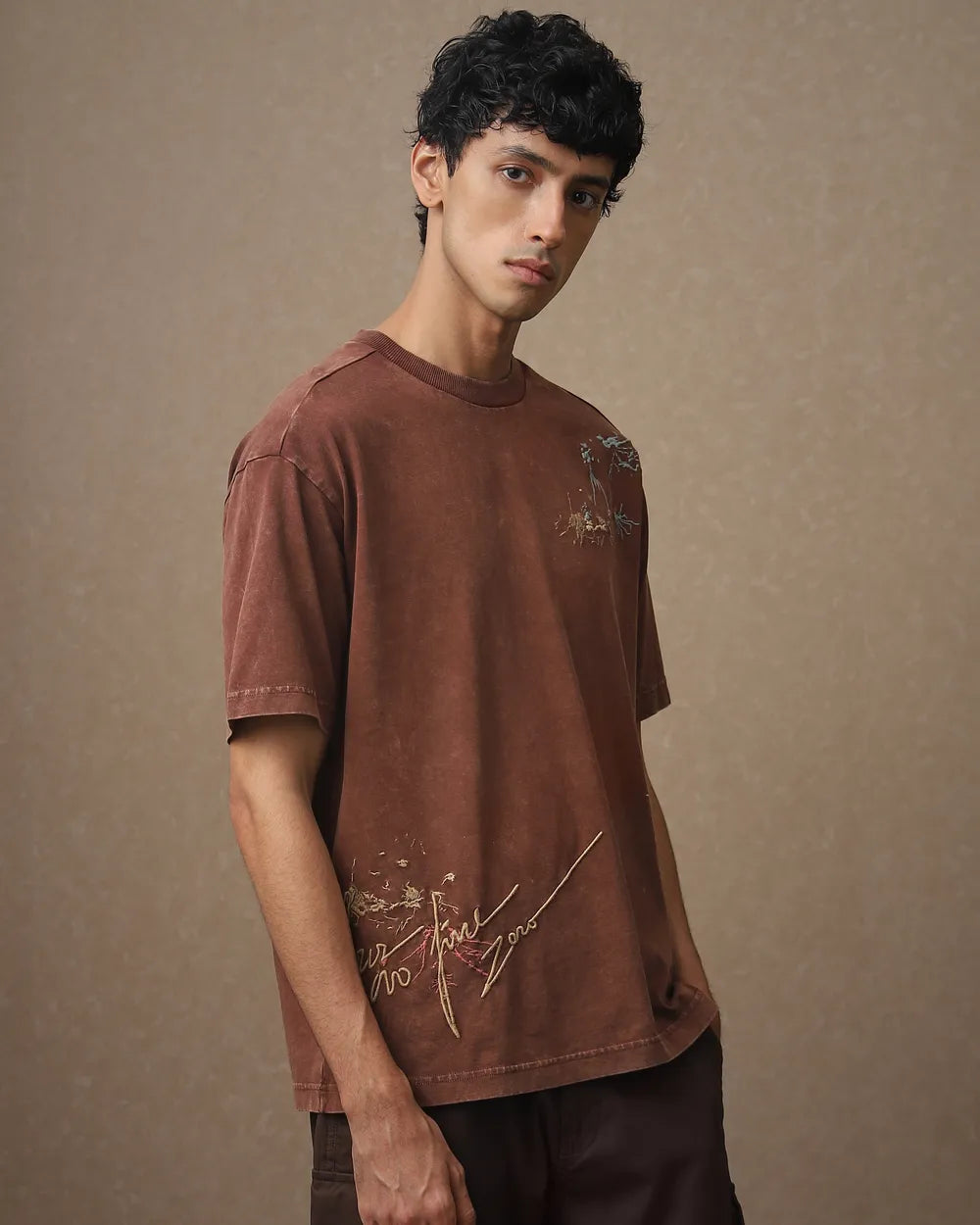 Relaxed Fit Brown Acid Wash T-Shirt for Men Everyday Wear
