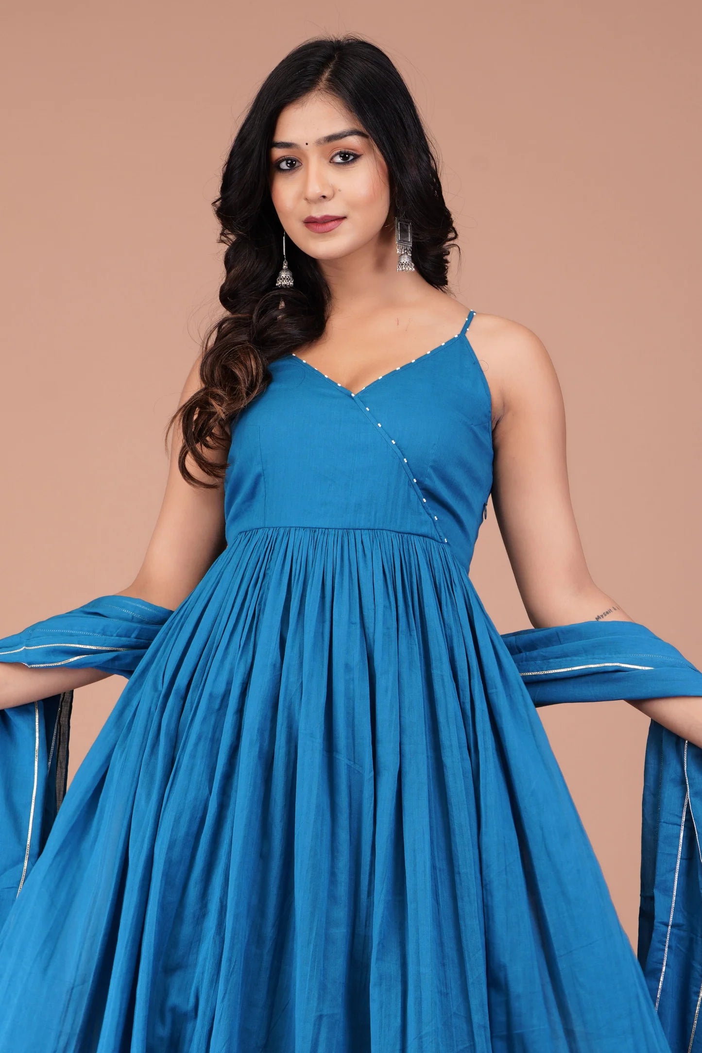 Graceful Teal Blue Ethnic Angrakha Anarkali Suit with Strappy Neckline and Full Flared Skirt for Weddings and Celebrations