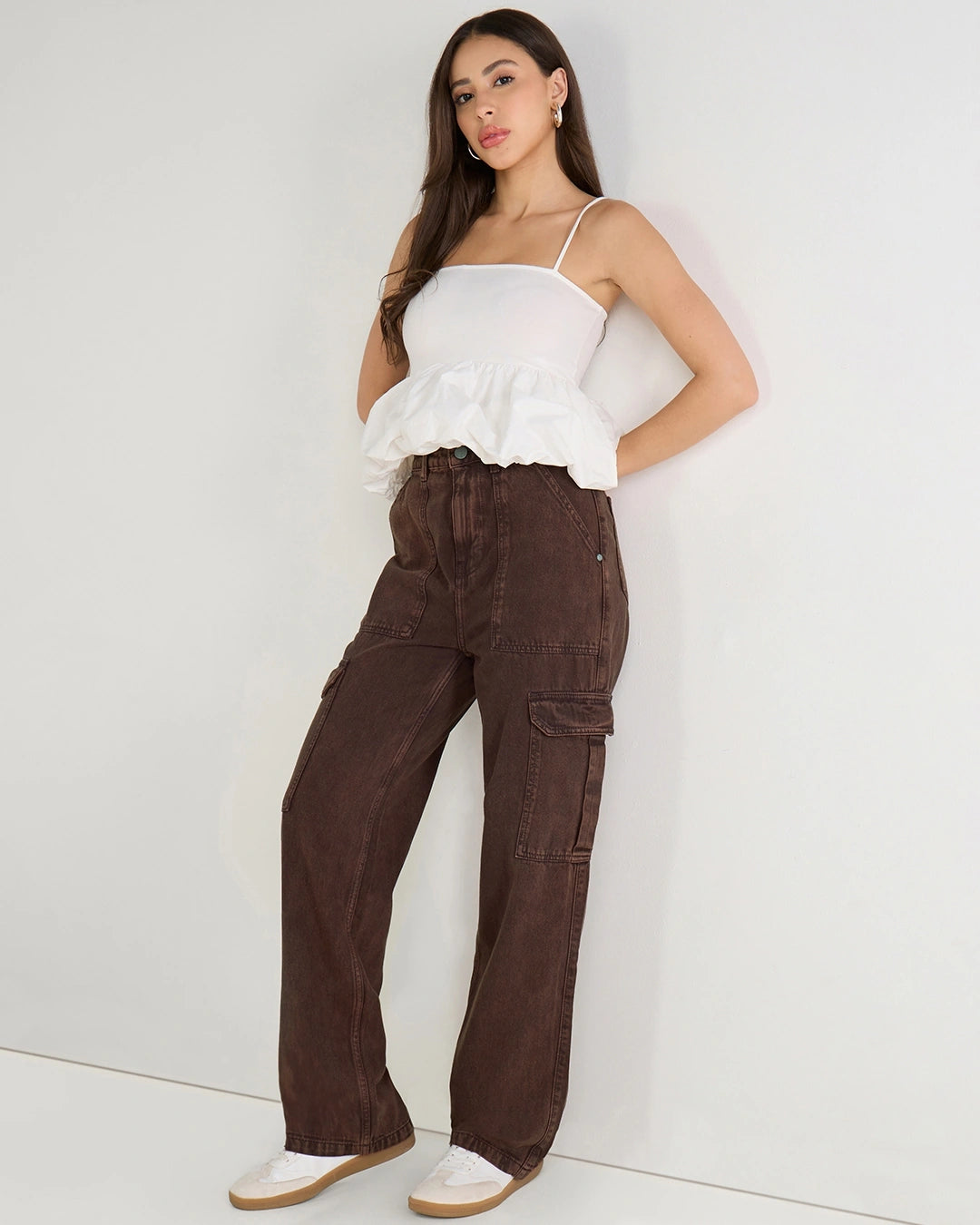 Women’s Trendy Brown Straight Fit Acid Wash Cargo Jeans for Casual and Street Style