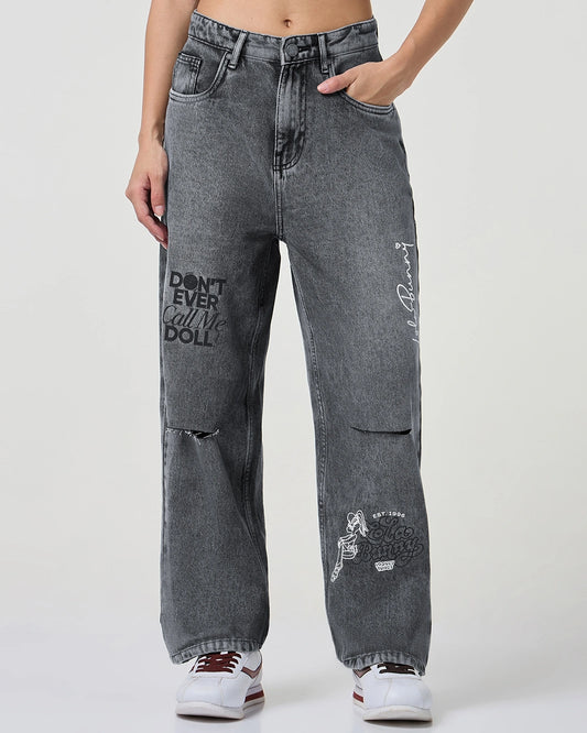 Fashionable Women’s Grey Straight Fit Distressed Washed Jeans for Layering and Casual Looks