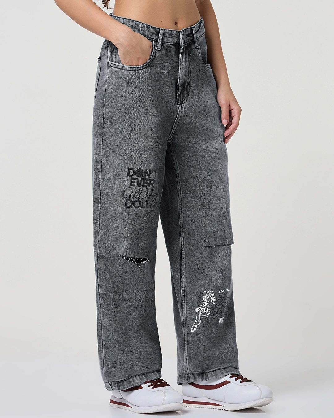 Fashionable Women’s Grey Straight Fit Distressed Washed Jeans for Layering and Casual Looks